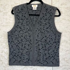 Talbots Women 100% Wool Gray Black Floral Embroidered Zip-Up Vest Small